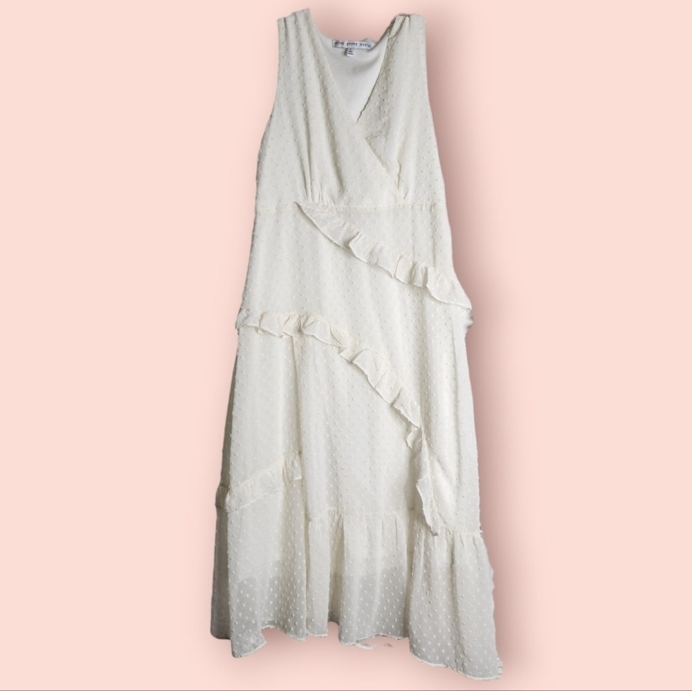 Hyfve White Midi Ruffles Textured Dot Chiffon Slit Dress sz Large